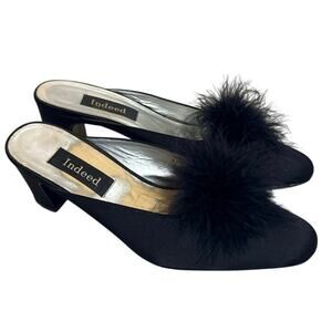 Women's Size 8.5 Vintage Indeed Black Mules with Black Puff Ball